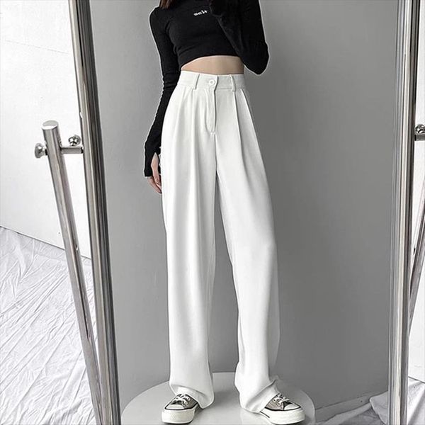 

white wide leg spring fashion womens pants solid trousers black plus size streetwear loose casual, Black;white