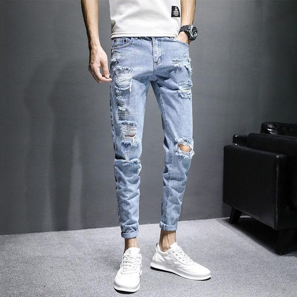 

men's jeans style summer broken street trend slim fit ripped thin casual trousers men clothes, Blue