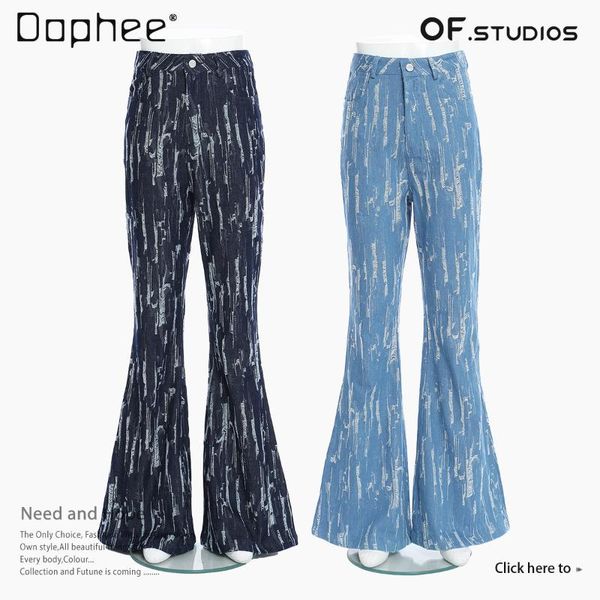 

women's jeans spring 2021 retro modern texture worn out casual bell-bottom pants women ripped for, Blue