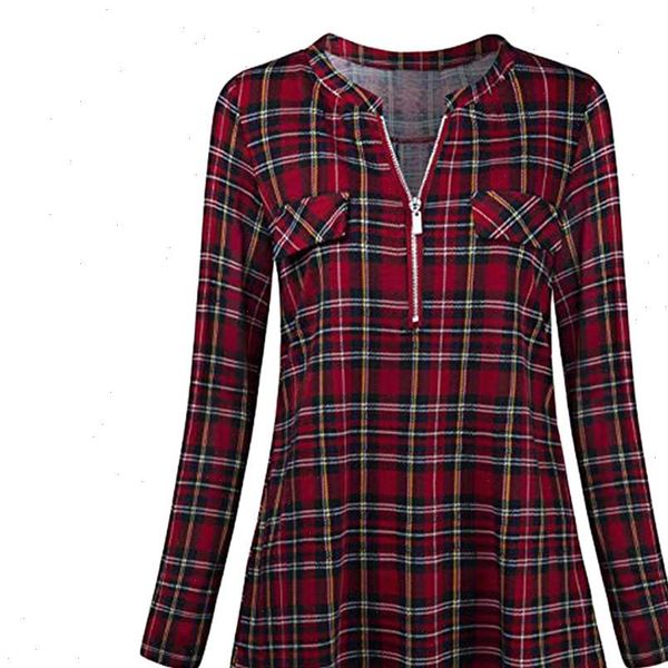 

womens casual rolled sleeve zipped v neck plaid printed shirt tunic blouse harajuku plaid print button shirts feminina 2021, White