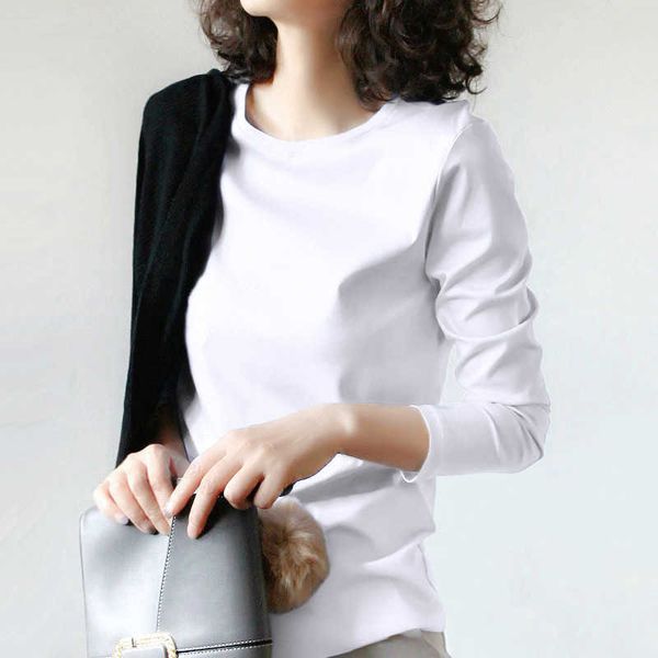 

cotton white mercerized round neck long sleeve t-shirt women's spring 2021 large size slim bottomed