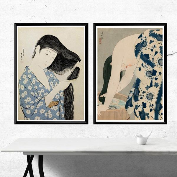 

paintings vintage poster japanese ukiyoe washing combing hair woman canvas painting posters and prints wall pictures for bedroom print
