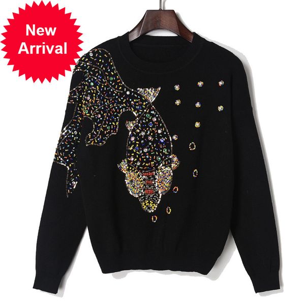 

hlbcbg autumn female brand designer fashionable high street new pullovers round neck cable knit goldfish bead sweater, White;black