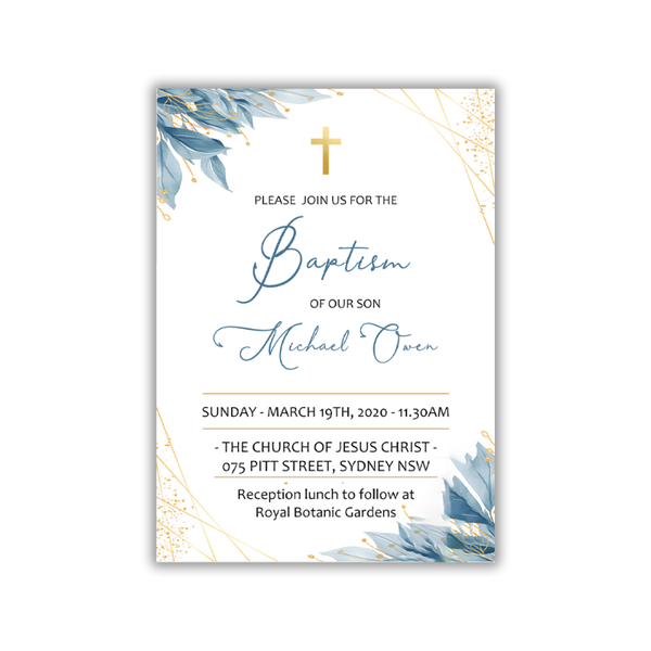 

greeting cards personalized baptism card blue gold invitation christening invite