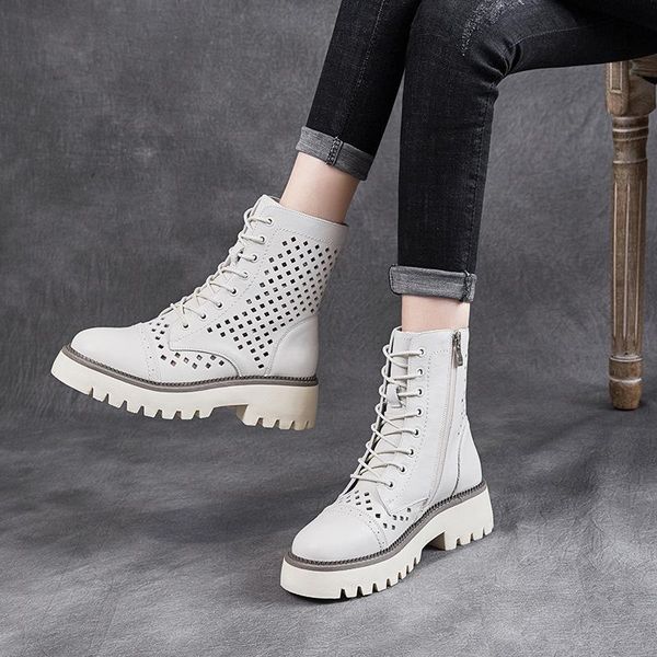 

boots leather cool women's 2021 spring and summer high hollow out thick soled hole shoes casual, Black