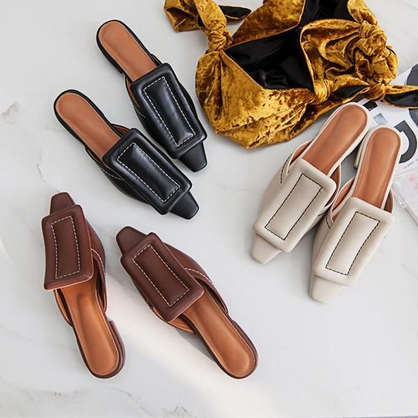 

slippers summer genuine leather women slipper round toe sewing hoof heels slides footwear fashion 2021 brand ladies mules shoes, Black