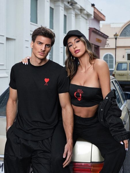 

1pc crown & letter graphic crop tube x33u#, White