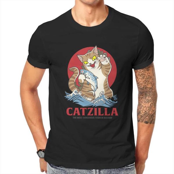 

men's t-shirts 2021 summer t-shirt catzilla letter print cat eating fish pattern loose cotton o-neck short-sleeved, White;black