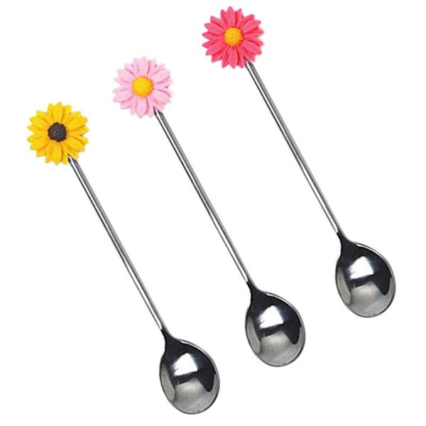 

3pcs creative daisy stainless steel spoon stirring spoon reusable mixing stick beverage stick (random color)