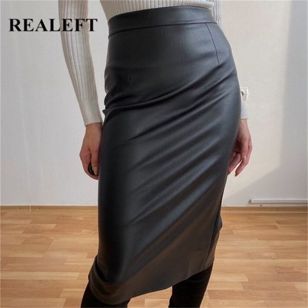 

realeft women black pu leather pencil wrap skirts autumn winter high waist zipper front split sheath long female 211119