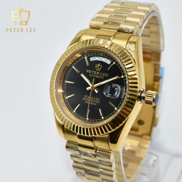 

wristwatches peter lee men watch brand 40mm luxury vintage design gold watches stainless steel automatic mechanical wrist gifts, Slivery;brown