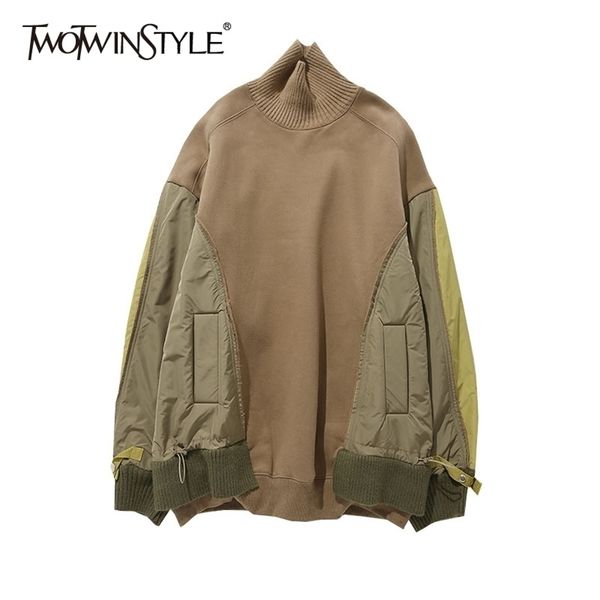 

twotwinstyle hit color patchwork loose for women turtleneck long sleeve casual sweatshirt female fashion new clothing style 201126, Black