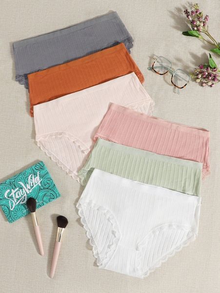 

6pack plus solid lace trim panty set l37p#, Black;white