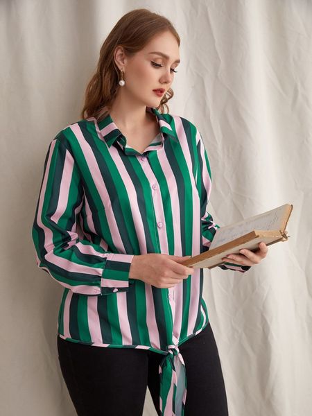 

plus size t-shirt spring and autumn womens letters single-breasted cardigan lapel green striped shirts, Black