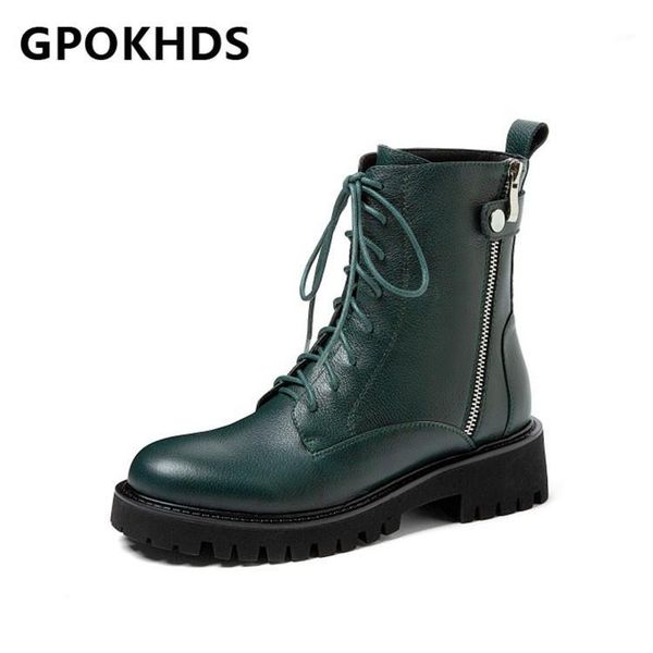 

boots gpokhds 2021 women ankle cow leather winter short plush round toe metal decoration med heels female riding size 391, Black