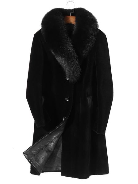 

real sheep shearling fur coat winter jacket men fur collar 100% wool coats streetwear leather jackets men veste homme my1584, Black