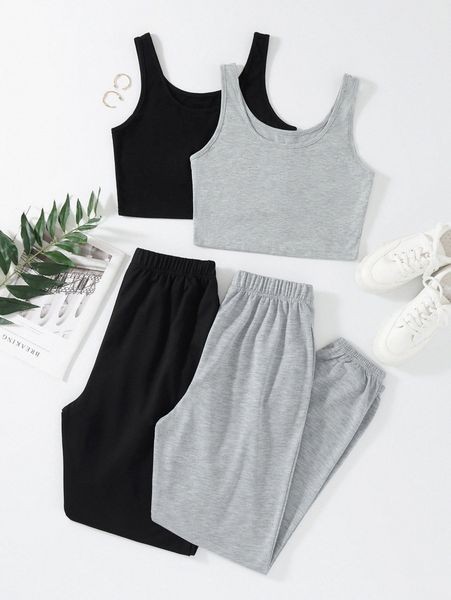 

2pack solid tank & 2pack elastic waist pants q1li#, White