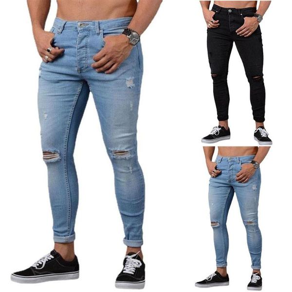 

men's pants men summer skinny stretchy denim casual outdoor fashion slim ripped jeans, Black