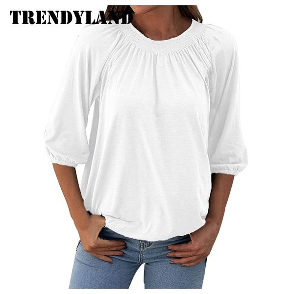 

women's blouses & shirts trendyland blouse vintage fashion solid color round neck shirt 3/4 sleeve loose pleated ropa mujer, White