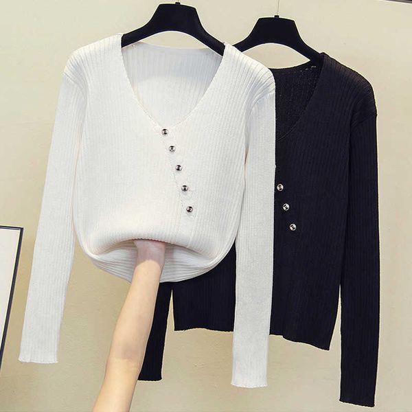 

chic spring autumnthin women sweater pullovers long sleeve warm basic v neck sweater female knit jumpers button 210604, White;black