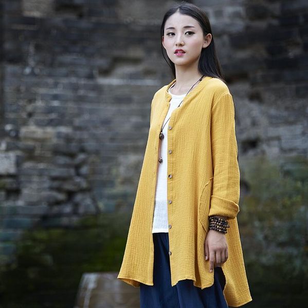 

women's jackets autumn women jacket long 2021 long-sleeved cotton linen solid color cardigan vintage thin outerwear, Black;brown
