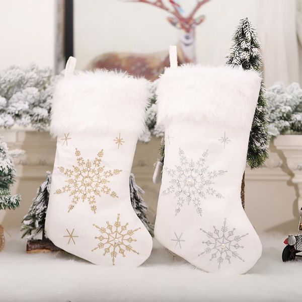 

christmas decorations stockings white plush snowflake creative cute embroidery pattern socks hanging bag xmas tree pendant