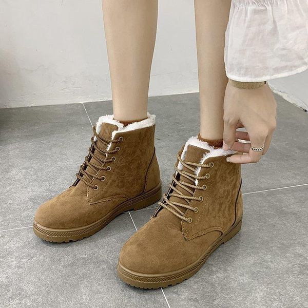 

boots women's shoes autumn and winter plain color cotton lacing warm snow boot suede short, Black