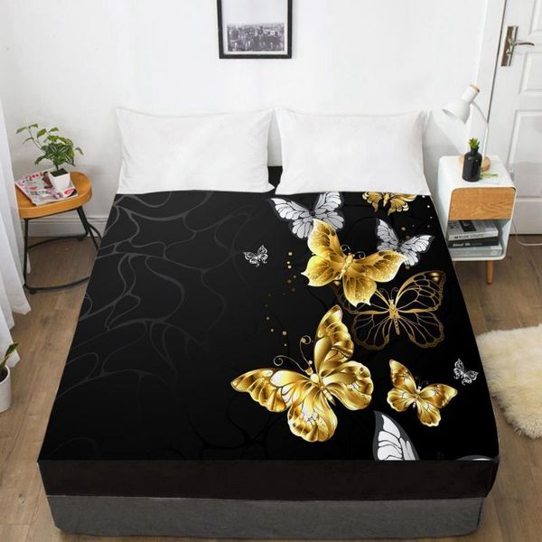 

sheets & sets 3d bed sheet with elastic fitted double mattress cover 135/150/180/200/160x200 black gold butterfly bedding wedding