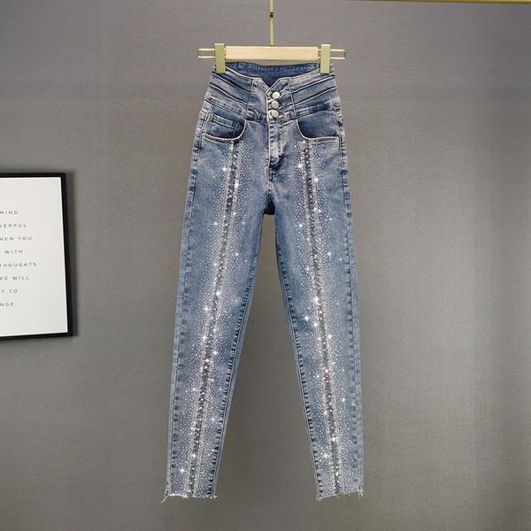 

women's jeans vintage drilling for women trousers 2021 spring cotton elastic high waist slim fit skinny pencil pants girls jean, Blue