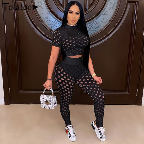 

totatoop see through net plaid hollow out see through 2 piece set women 2021 summer crop and legging matching outfits, White