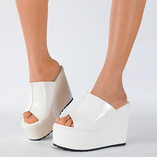 

trendy female platform high wedges slip on summer women's slippers open toe thick heels punk goth mules women shoes1, Black
