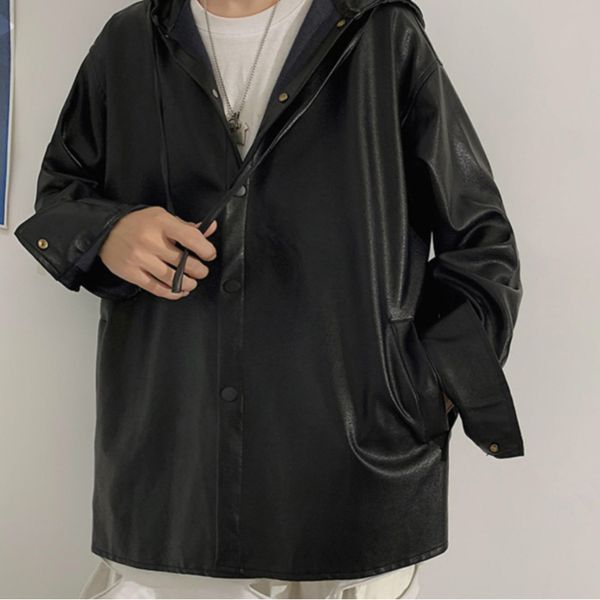 

2021 hooded leather men's fashion retro casual black motorcycle jackets mens streetwear hip-hop bomber jacket men my5g, Black;brown