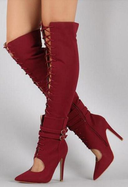 

boots women fashion shoes pointed toe lace-up suede leather gladiator cut-out knee high thin heel, Black