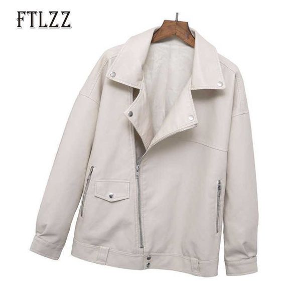 

fashion women biker moto style loose leather jacket autumn ladies turn-down collar zipper faux outerwear 210602, Black