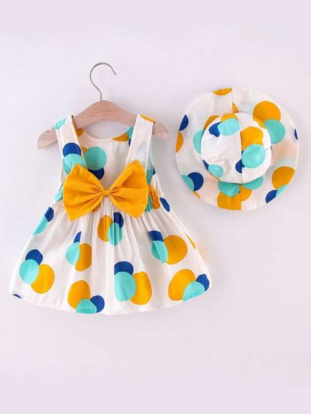 

toddler girls polka dot bow back dress with hat she, Red;yellow