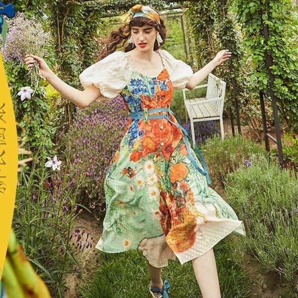 

casual dresses summer designer painting sun flower print van goth vintage lady retro square neck street fashion midi frocks holida, Black;gray