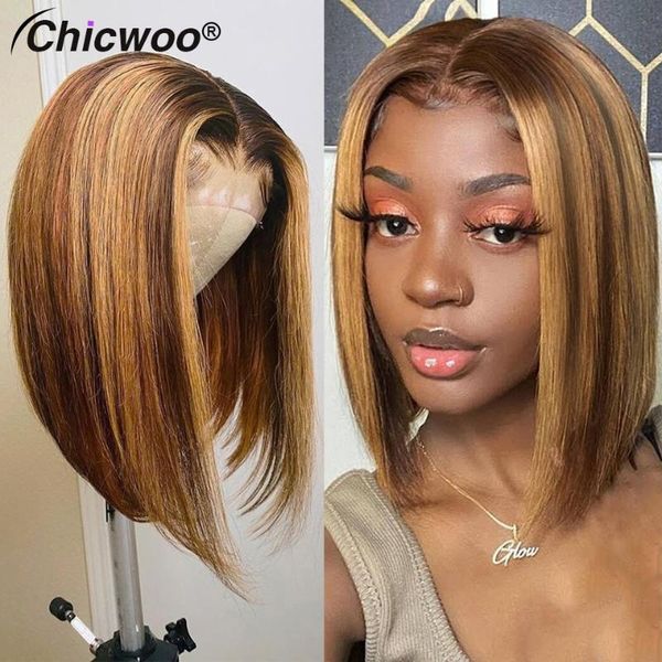 

lace wigs 250% straight highlight wig short bob honey blonde 13x4 front for black women 8-16inch brown colored, Black;brown