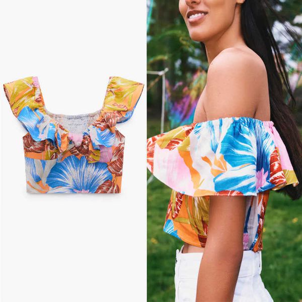 

za print cropped summer women sleeveless off shoulder ruffle blouse woman fashion smocked elastic vintage blouses 210602, White