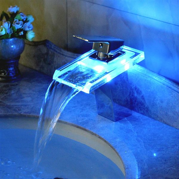 

bathroom sink faucets led basin faucet brass waterfall temperature colors change mixer tap deck mounted wash glass taps