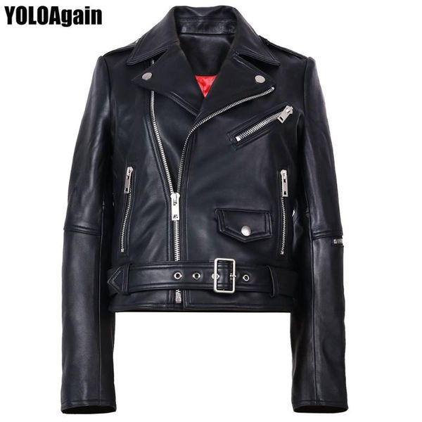 

women's leather & faux yoloagain spring women geninue jacket biker, Black