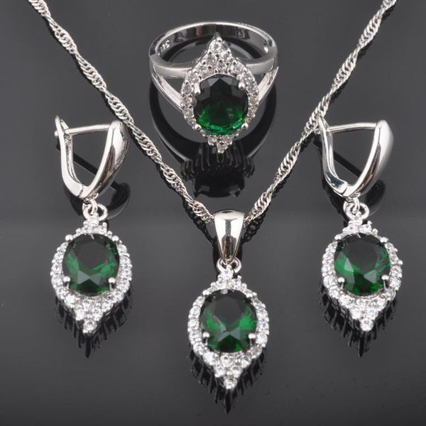 

earrings & necklace fashion green zirconia women's silver color jewelry sets earrings/pendant/necklace/rings qz0516