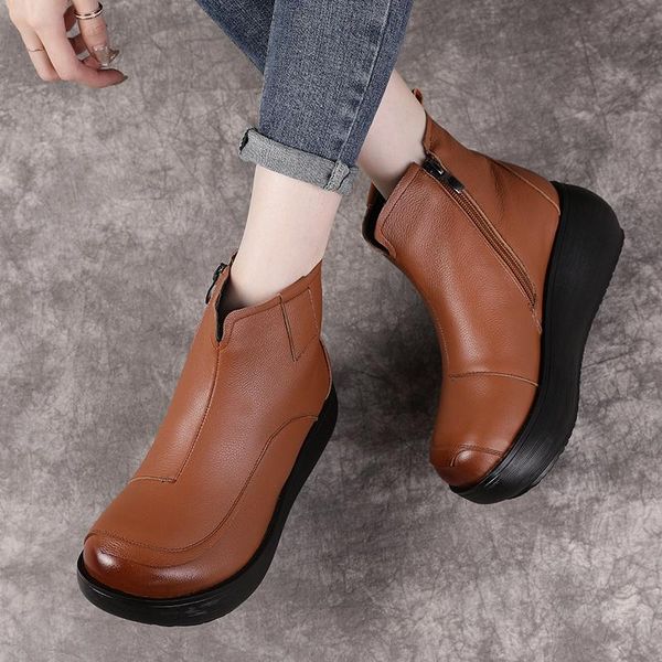 

boots alishinrey 2021 autumn retro genuine leather flat platform women high heel thick sole winter warm plush, Black