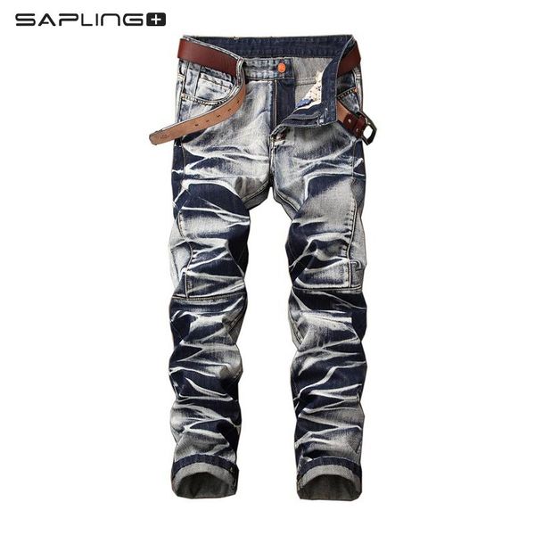 

men's jeans men moto straight washed destroyed jean fashion slim casual homme retro harajuku cotton denim trousers, Blue