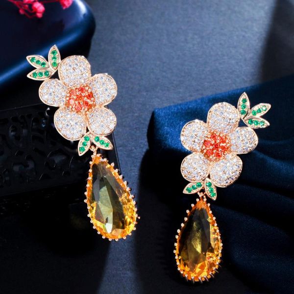 

Dangle & Chandelier CWWZircons Unique Design Micro Pave Cubic Zirconia Flower Yellow Crystal Long Drop Engagement Party Earrings For Women C, Silver