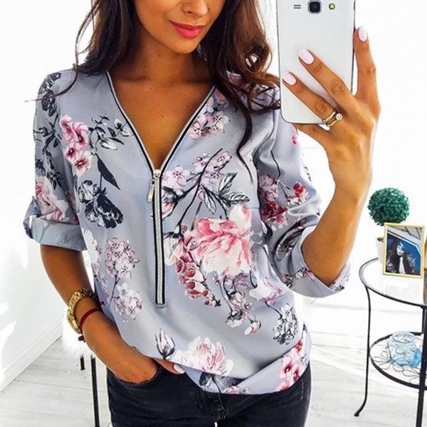 

women spring floral print shirts 2021 ladies casual loose v neck blouse fashion long sleeve female large size s 5xl, White
