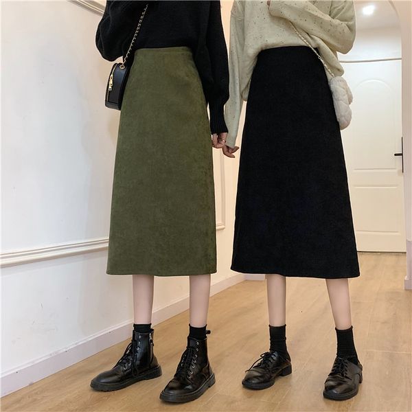 

casual female exit 2021 autumn and winter corduroy a-line retro group mid-length back slit velvet skirt high waist i0cw, Black