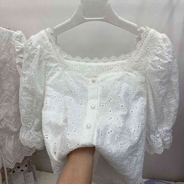 

chic embroidery lace summer womens shirts cutout vintage french square collar causal white shirt blusas