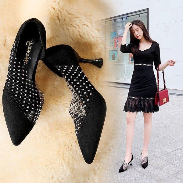 

dress shoes pointed high-heeled single women's 2021 spring and summer mesh side air sandals korean versatile sexy, Black