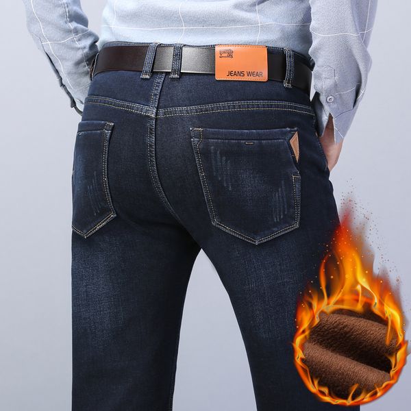 

2021 men's warm winter new business casual black blue slim stretch thick denim male brand fleece trousers bfdx