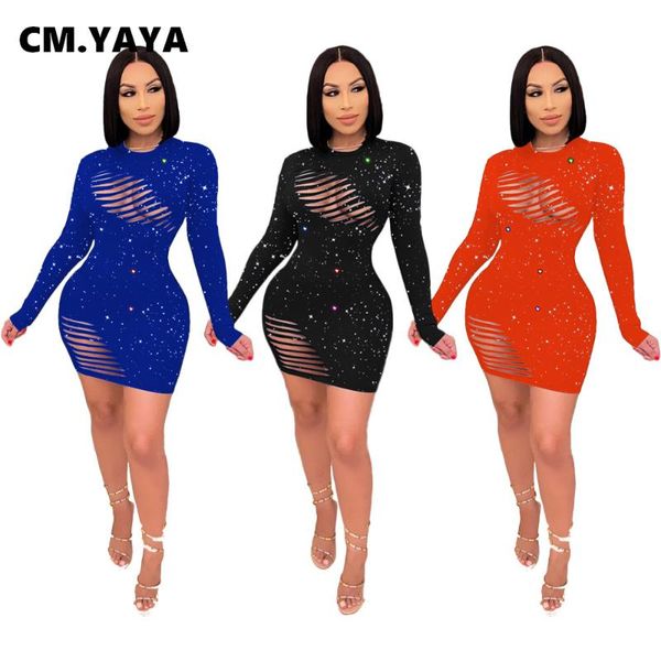 

casual dresses cm.yaya women autumn galaxy print bodycon midi mini hollow out dress long sleeve pencil night club party vestidos, Black;gray